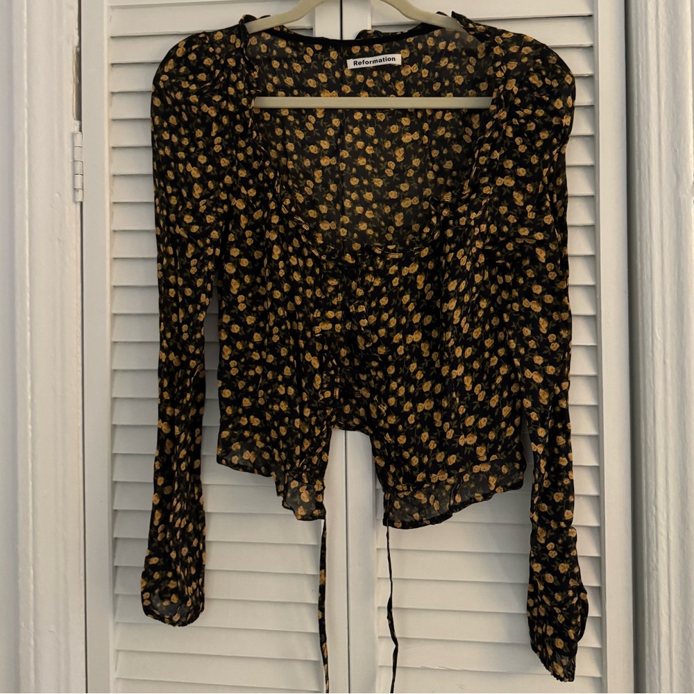 Reformation floral long sleeve shirt with ruffle trim